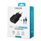 Chargeur secteur 1xUSB 2A + Câble iPhone/Lightning - Forever