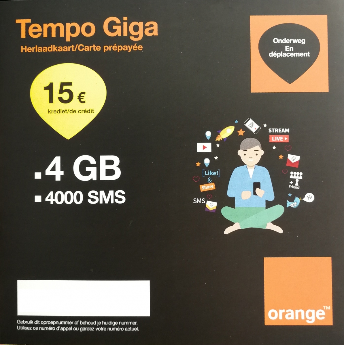 Orange Belgique - Carte Sim prépayée Tempo Giga - nouveau numéro + 15 € de  crédit d'appel - Univertel